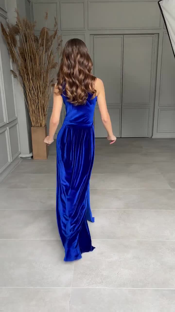 Velvet Dress, Bridesmaid Dress, Royal Blue One Shoulder Dress, High Wrap  Slit Dress, Evening Gown, Maxi Dress, Reception Dress, Gown Dress 