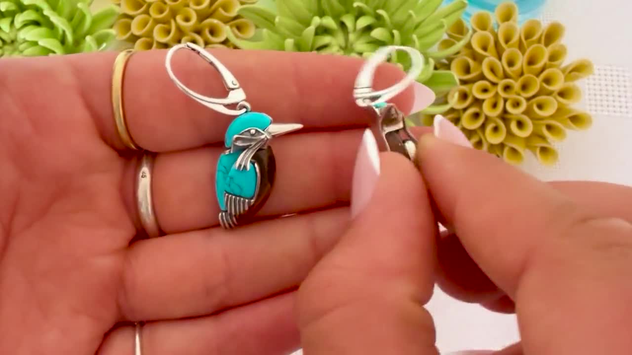 ターコイズと琥珀のカワセミイヤリング、スターリングシルバー