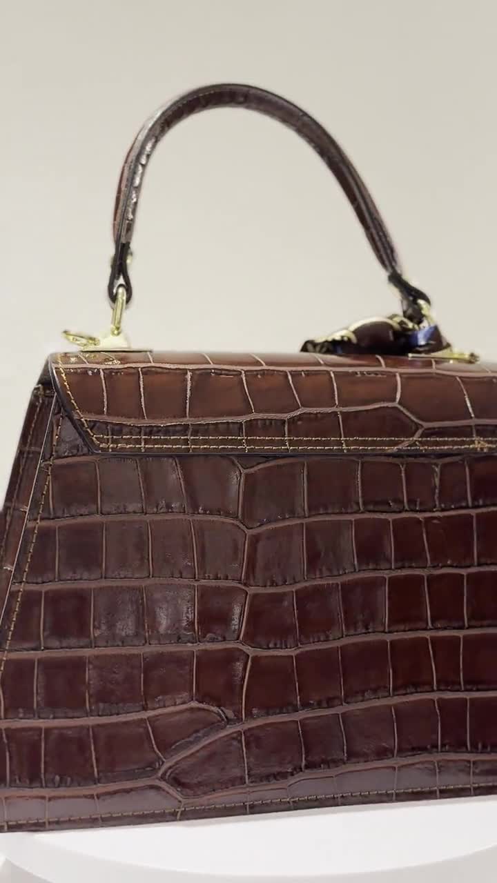 Crocodile Embossed Italian Leather Handbag With Gold Chain