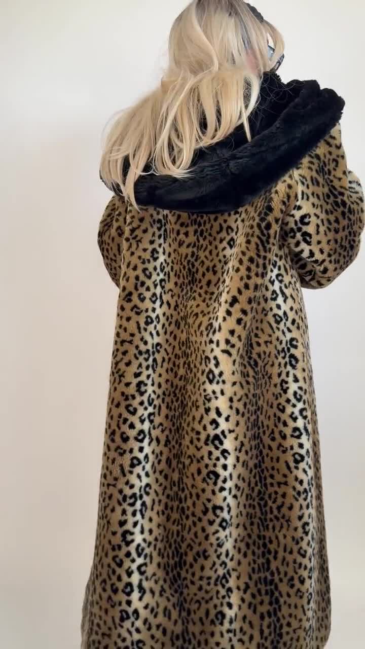 Vintage 90s Leopard Faux Fur Maxi Coat: Oversized Hooded Statement