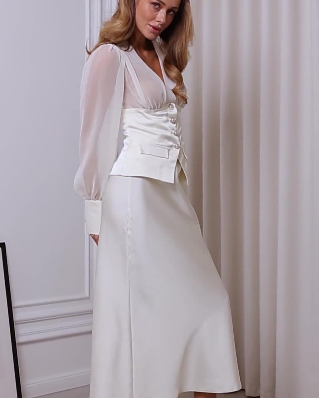 white double ruched skirt satin shirt dress Elegant 2-piece Set With White Silk Blouse, Skirt And Blouse Set For Women,  Satin Top with Midi Skirt Matching Set, Organza Skirt Outfit