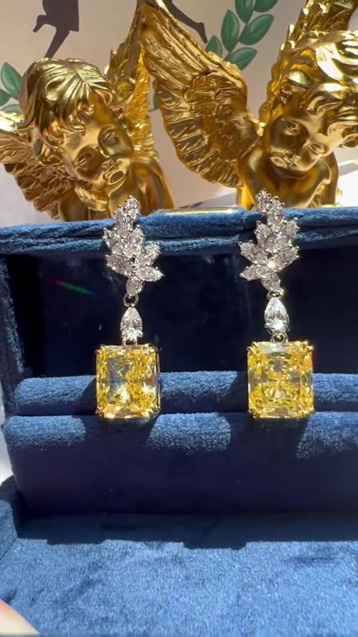 8Ct Canary created Diamond Luxury Earring,Exquisite Vintage ART DECO sold style