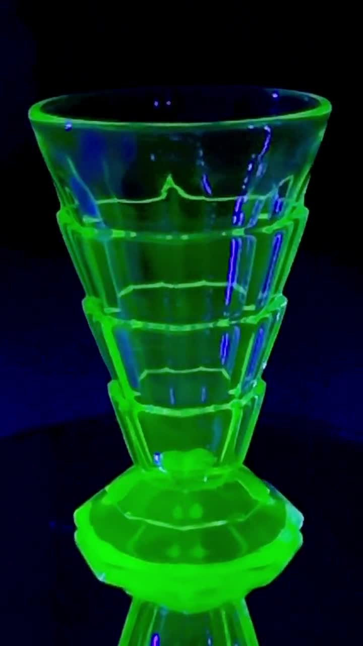 Uranium Green Depression Glass Tumbler 7 Set Fostoria High Low shops Optic Art Deco