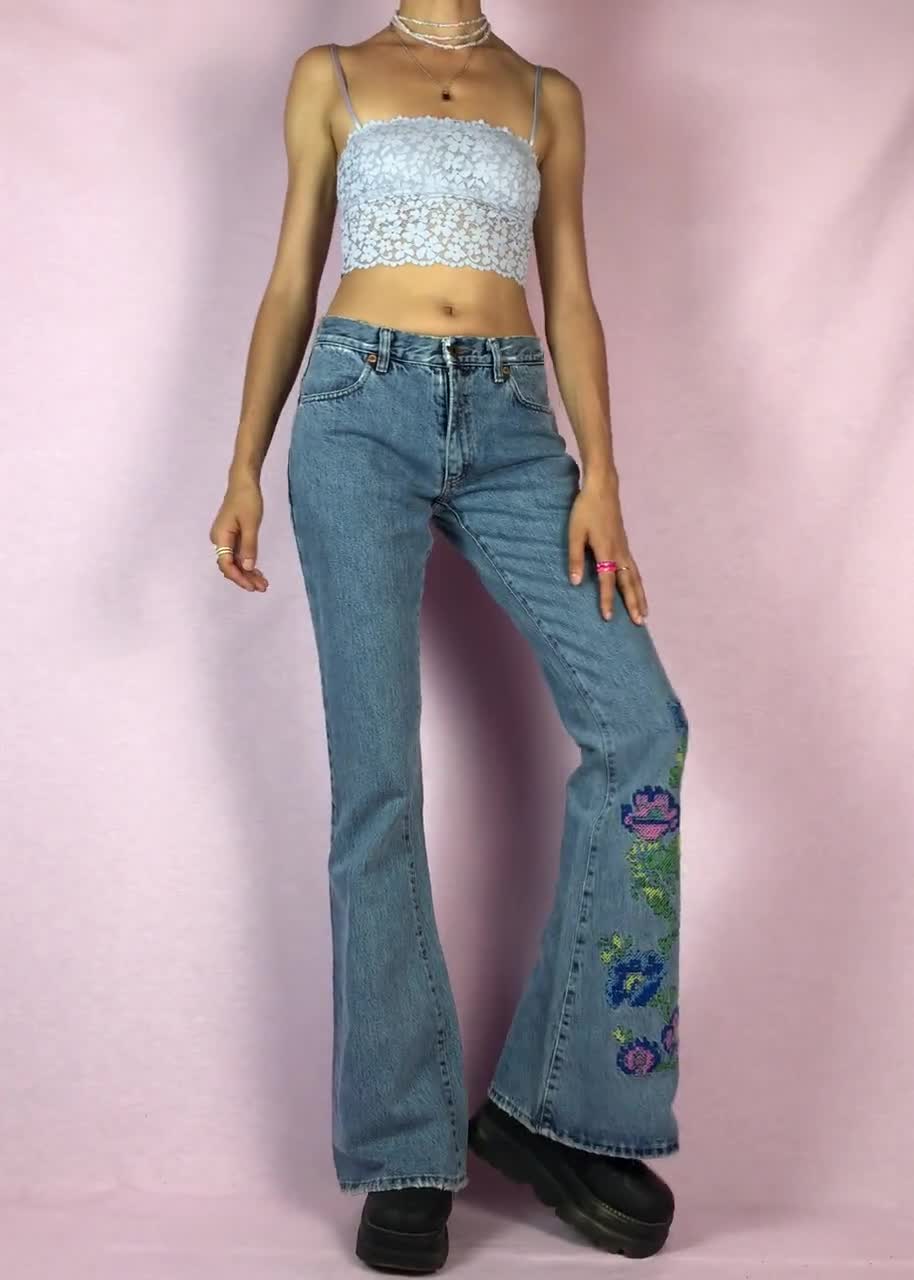 Outlet Vintage 90s LEI Boho Sequin Floral Embroidered Low Rise Stretchy Flared Jeans 17