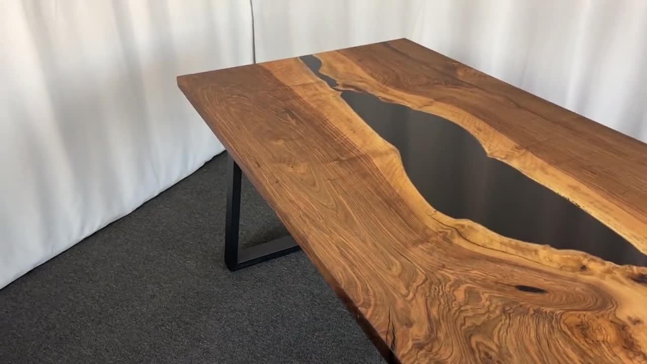 Black Epoxy Resin Dining Table Handmade Furniture Mid Century