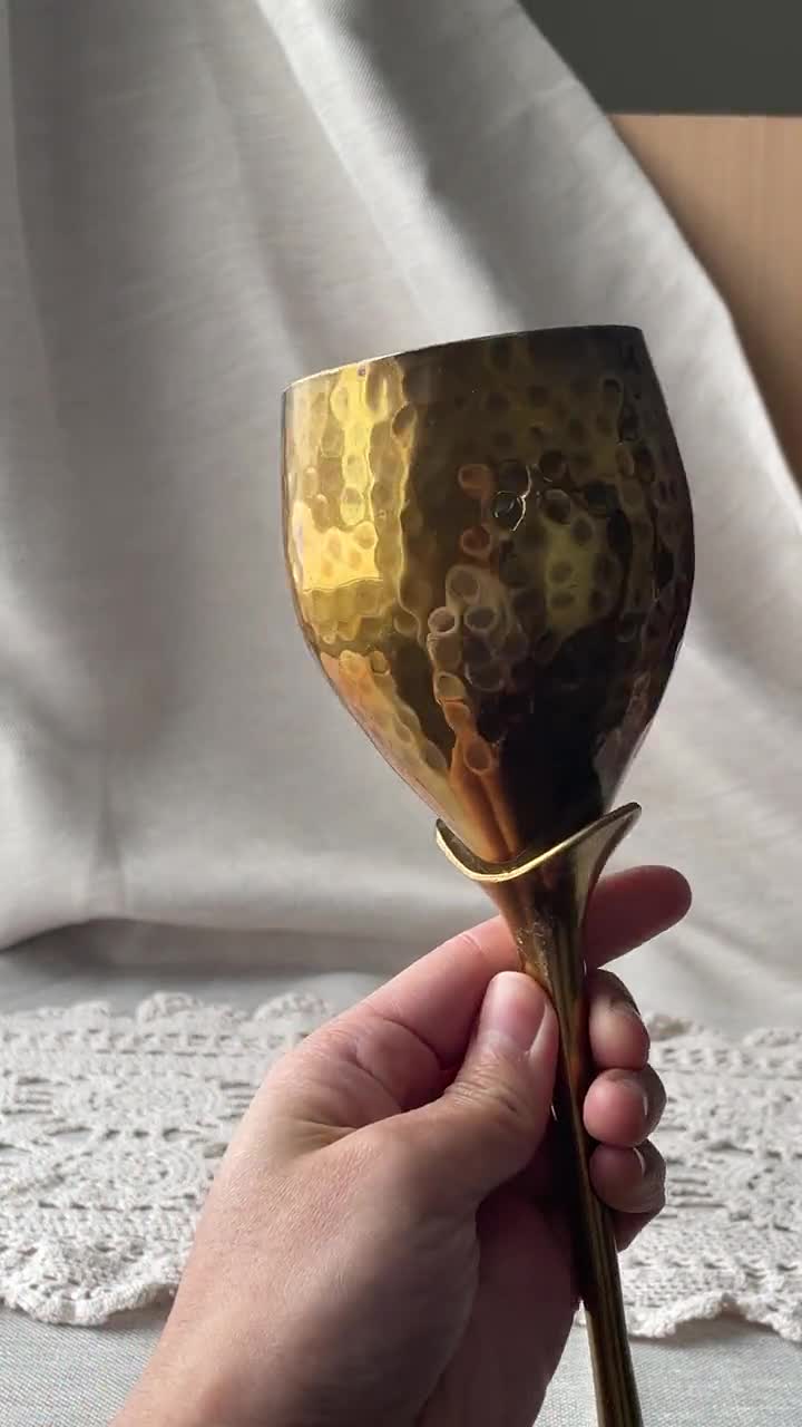 Vintage Hammered Solid Brass Wine Goblets With Floral Stem -  Canada