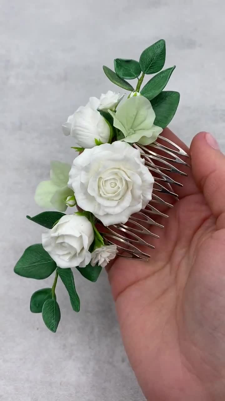 White pink roses Hair comb - cold good porcelain - flower jewelry - Wedding Rose Hair comb - Rose Bridal Hair comb - White Rose Hairpin