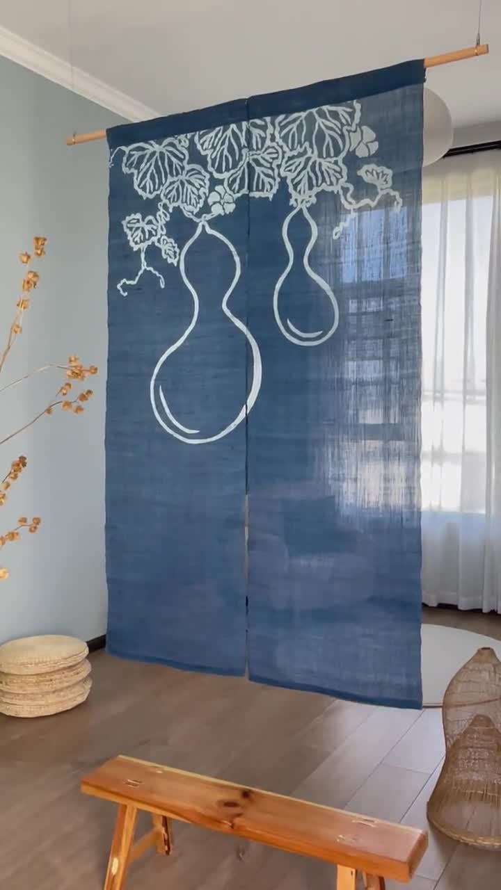 Japanese Linen Noren Curtain: Handwoven Indigo Gourd Motif - 59