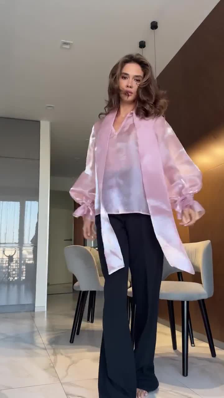 Light Pink Organza Sheer Blouse Polka Dot, Pink Chic Blouse