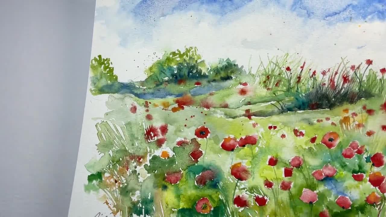 ポピー畑の風景、ポピーのオリジナル水彩画、夏の自然、花の草原とわら