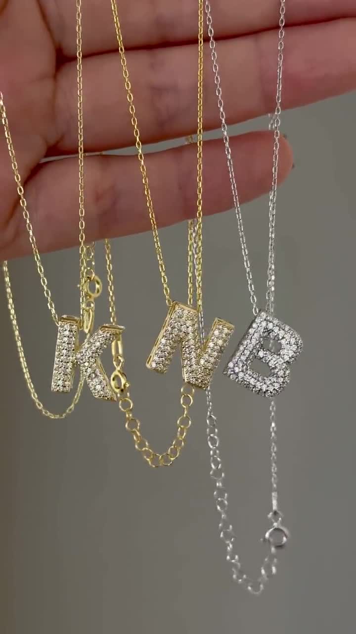 Pave Bubble Pendant Diamond Initial Necklace Balloon Letter Gold Necklace 14K Gold Balloon Pendant Pave Personalized Bubble Necklace 925