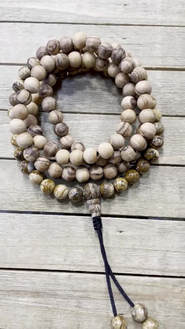 Olive Wood and Picture Jasper Mala 108 8mm Beads 