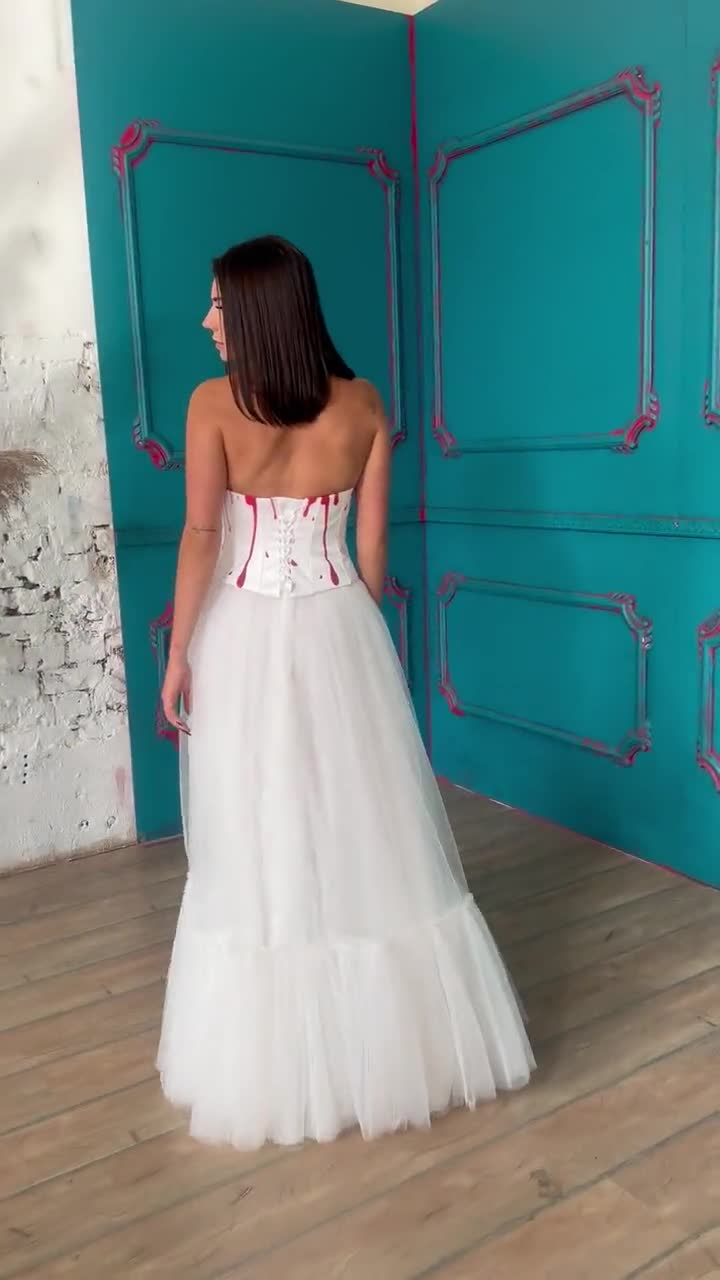 Halloween Kostüm Damen Blutspritzer Kleid - Gothic Brautkleid Ärmellos Für Gruselpartys