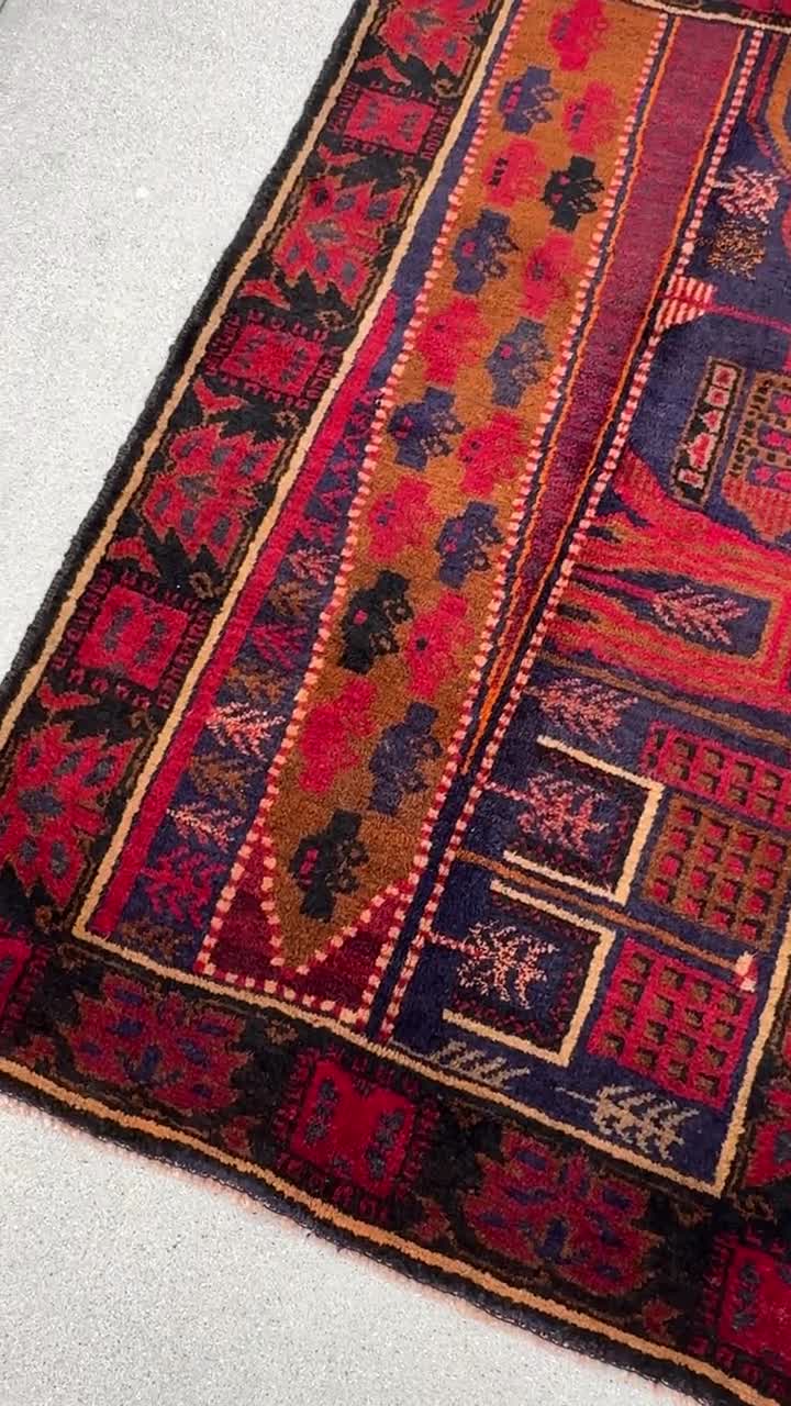 ごましお　バルーチ？物語のモチーフ　アフガンラグ　ビィンテージラグ アフガニスタン産 1980年代 ヴィンテージラグ バルーチ族-ヴィンテージ