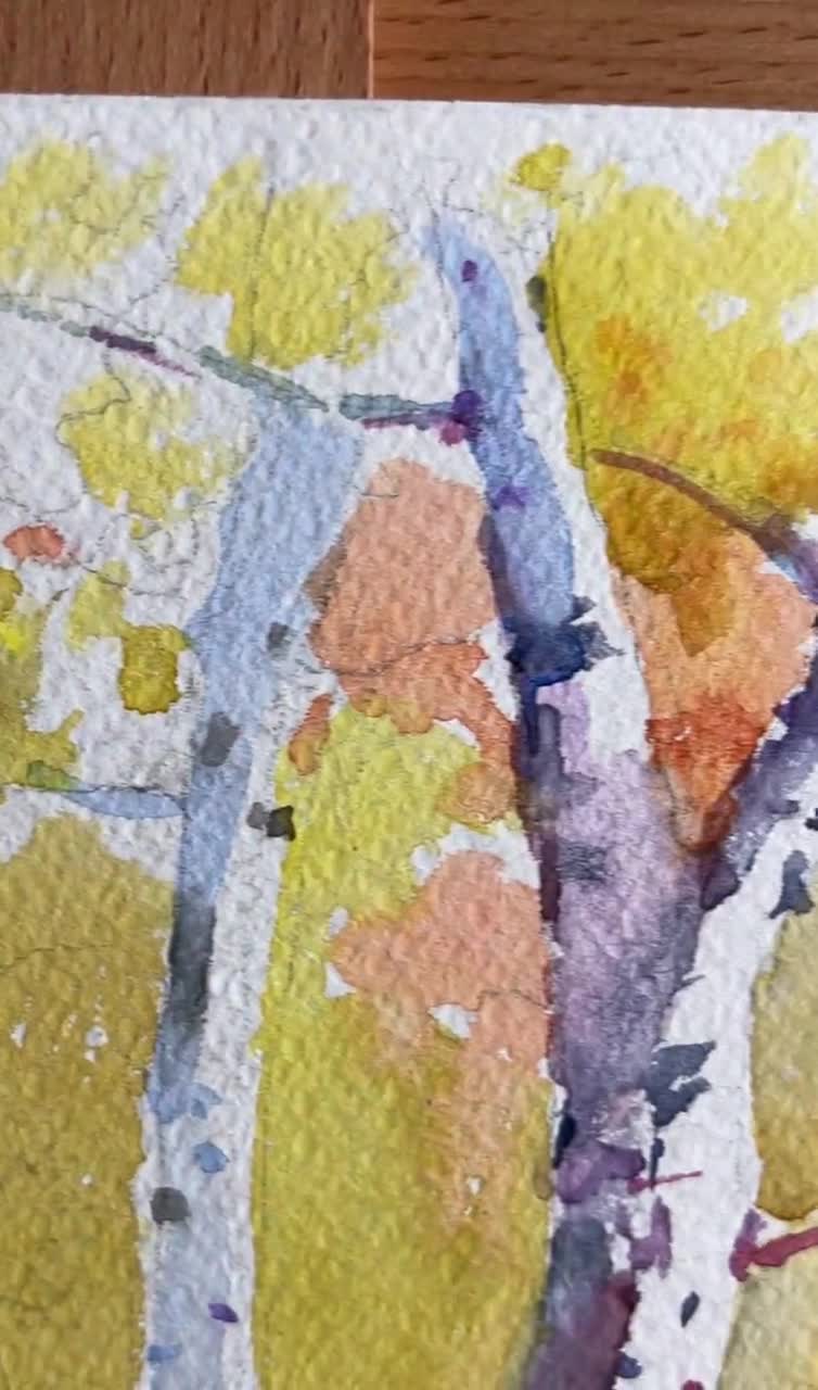 水彩画の風景オリジナル、水彩画、背の高い美しい白樺のある明るい森の