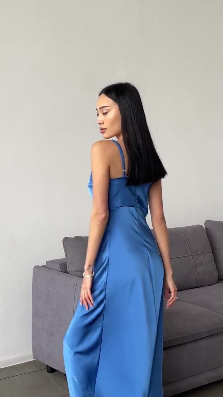 Blue Silk Slip Midi Dress Midi, V-neck Slip Dress for Women, Blue
