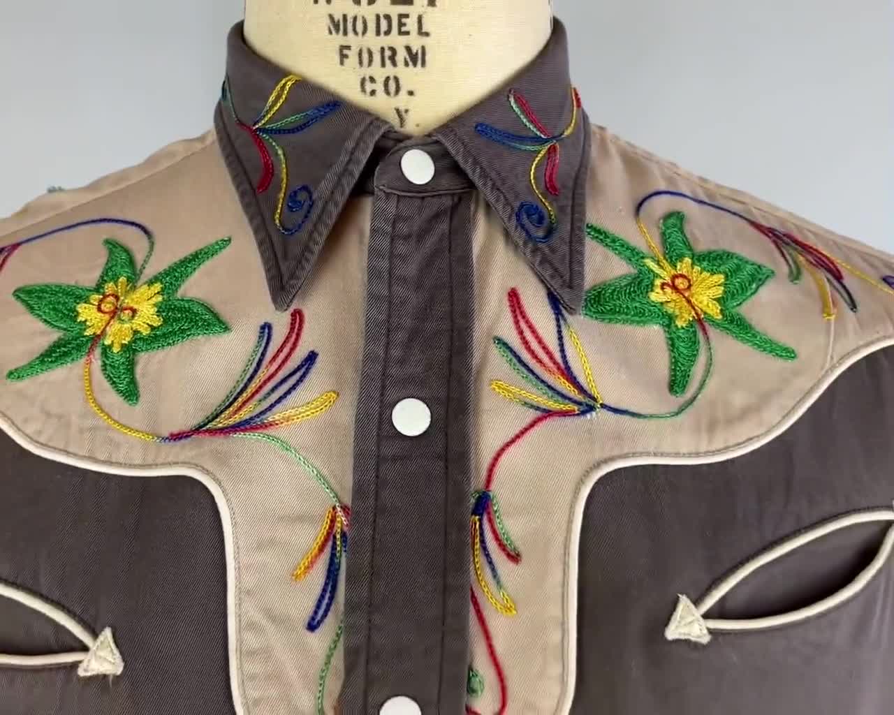 1950s Randy's Rodeo Shirt | Vintage 50s Classic Western Cowboy Snap Up  Brown Cotton Two-Tone with Rainbow Chain Stitch Embroidery | Medium