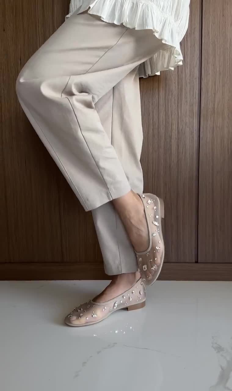 Beige Mesh Flats With Rhinestone Embroidery and Arch Strap