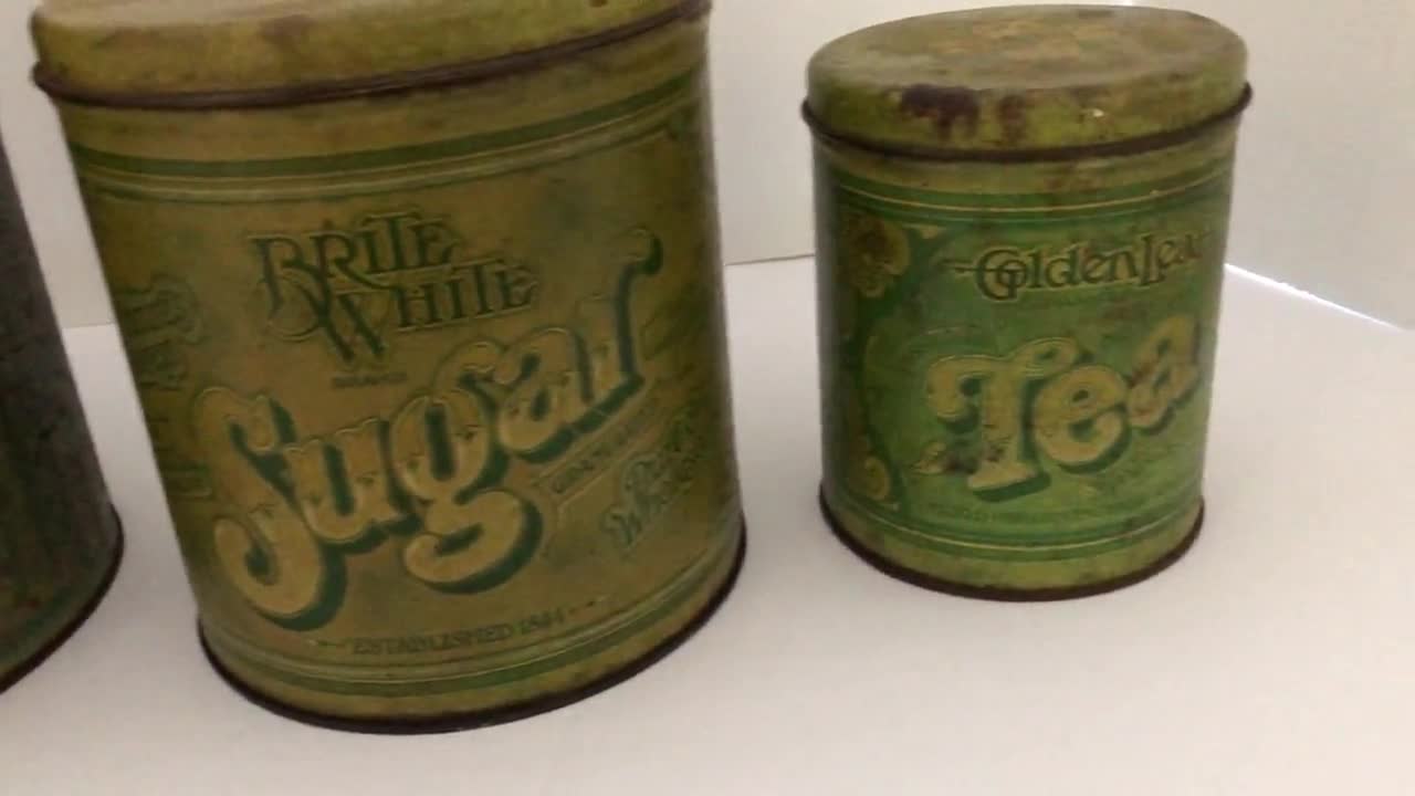 Antique Flour Tin Metal Canister Green Litho French Farmhouse