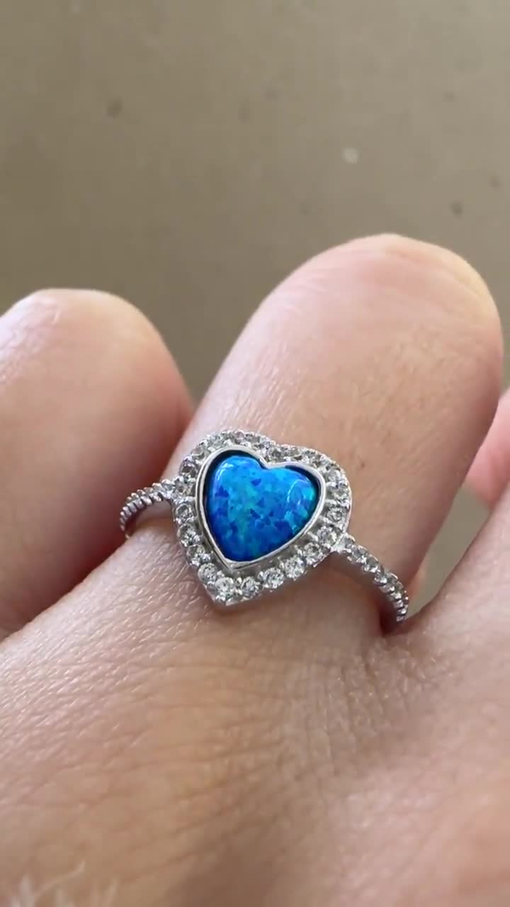 925 Silver Opal Heart Ring, Blue Opal Stone Ring, Everyday