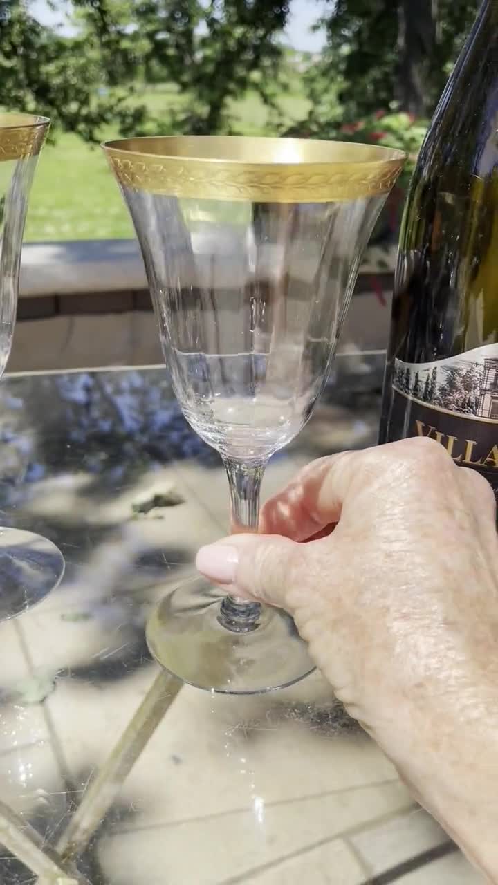 4 Vintage Gold Encrusted Cocktail Martini Glasses, Tiffin Franciscan, C.  1930's, Nick & Nora, Vintage Gold Rimmed Champagne Glasses 