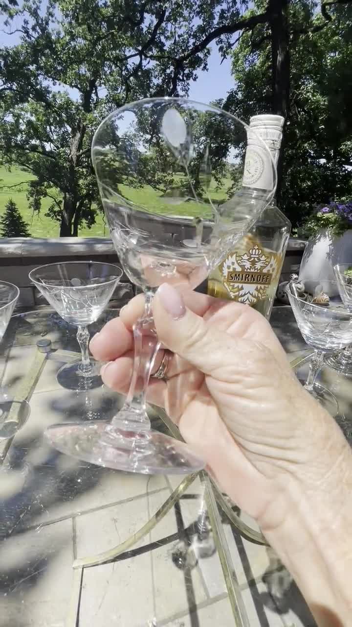 6 Vintage Etched Crystal Cocktail Glasses, Fostoria, 1960's, Nick