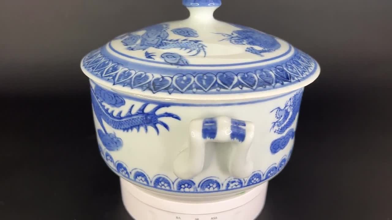 Vintage Blue popular and White Chinoiserie Covered Serving Dish Casserole Dish Dragons