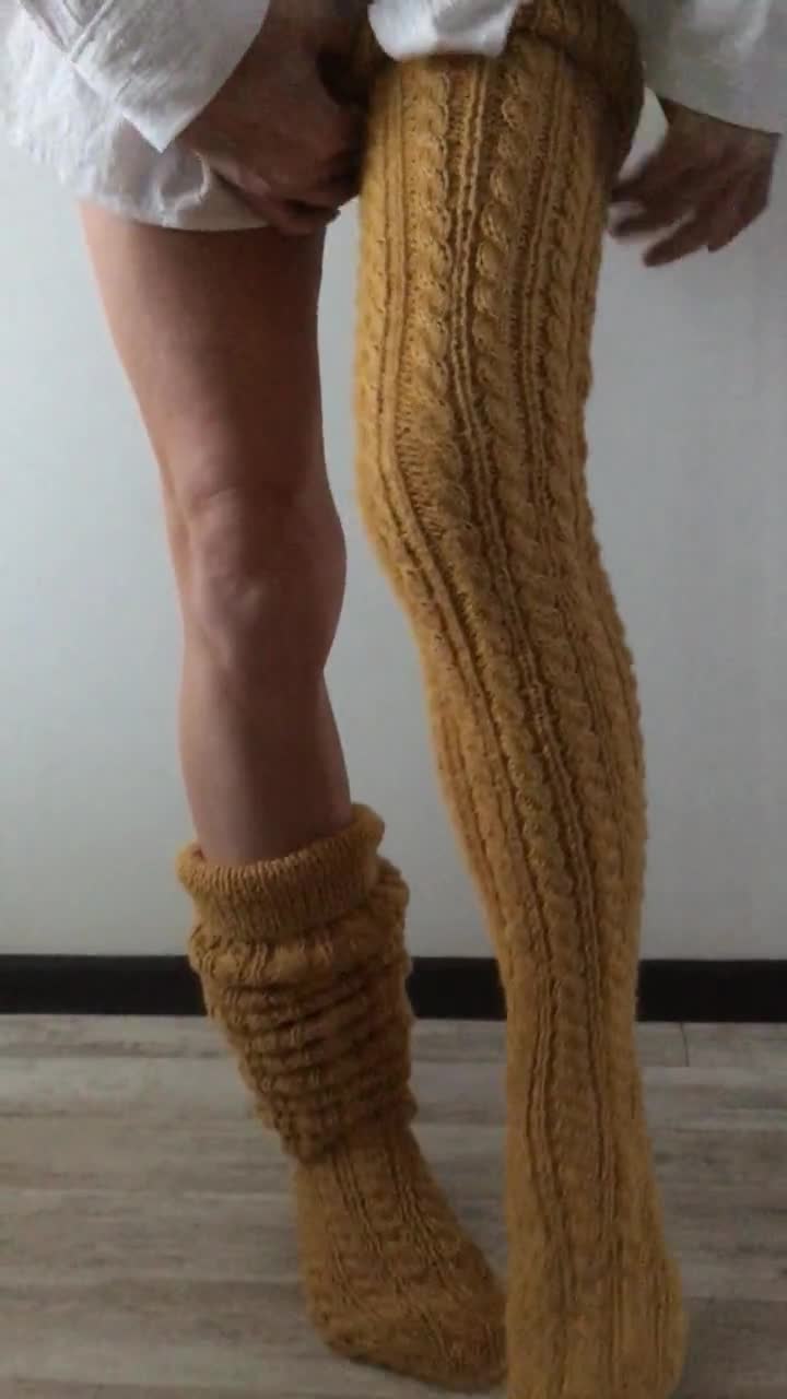 Hand Knit Thigh High Alpaca Socks Handmade Long Wool Socks Cable
