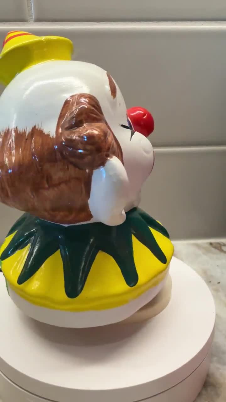 Vintage Bisque Ceramic Clown Head Revolving Music Box Plays 