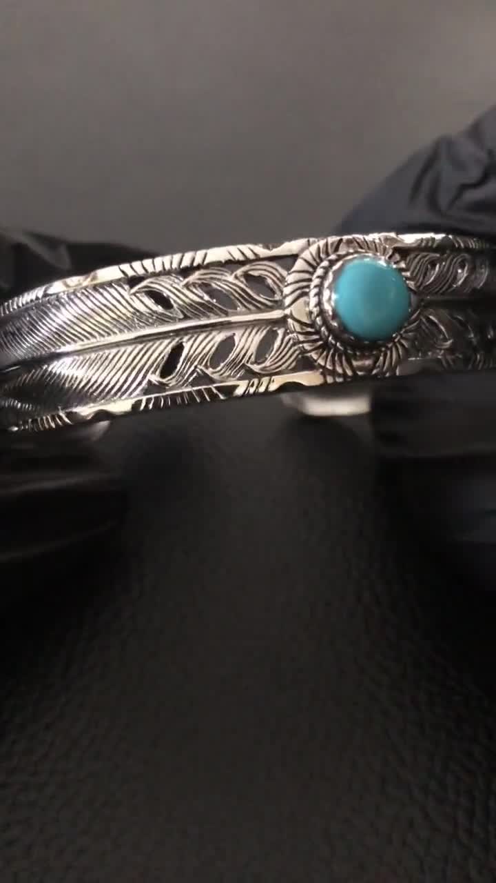 Braccialetto indiano nativo americano con pietra turchese e piuma di uccello in argento sterling 925 fatto a mano, accessori VINTZ - Italia