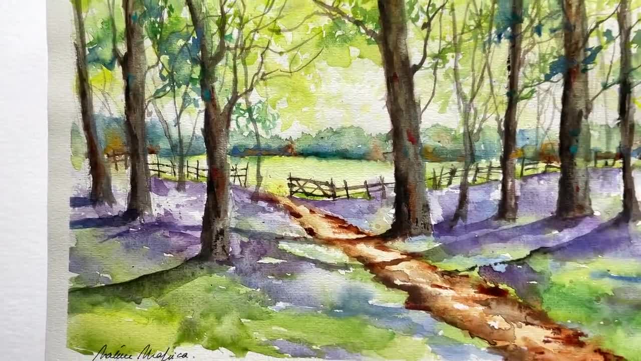 森の中　CHEN GUIOING  水彩画　オリジナル原画 オリジナルの水彩画で描かれた春の森、森の絵画、木々の中の太陽の壁画