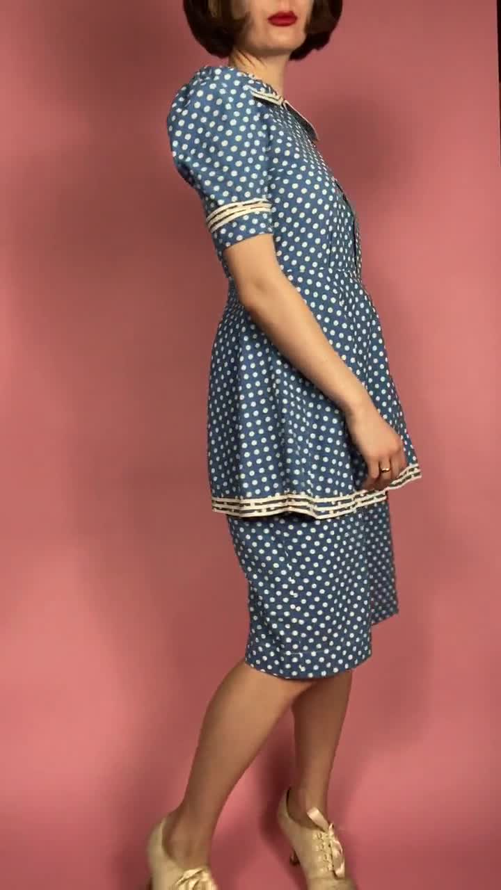 1930s 1940s Blue and White Polkadot Dress | Size Small to Medium