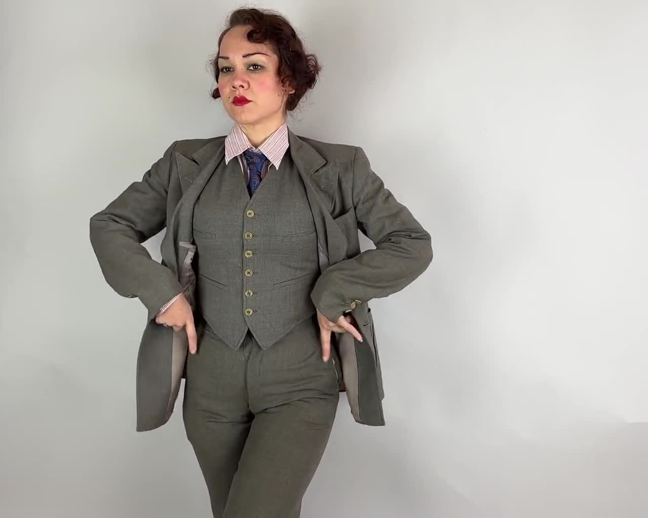 1930s Three-Piece Belted-Back Suit | Vintage 30s Steel Grey Shark Gill  Knife Pleats Belt Back Jacket Vest Trousers Set | Small