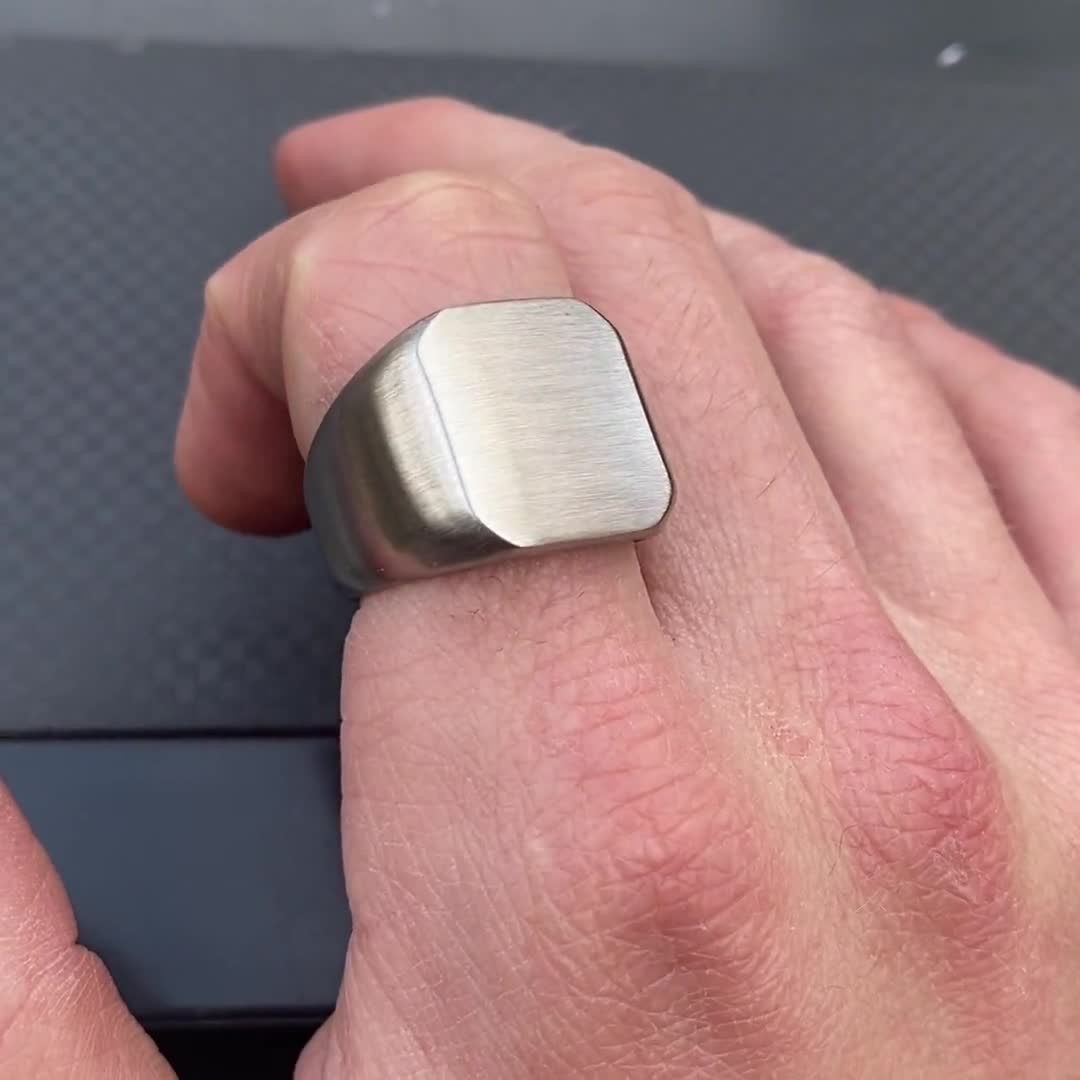 Men's Stainless Steel Square Signet Ring - Wide Thumb Or Pinky Ring, Biker Jewelry Gift, Size 12