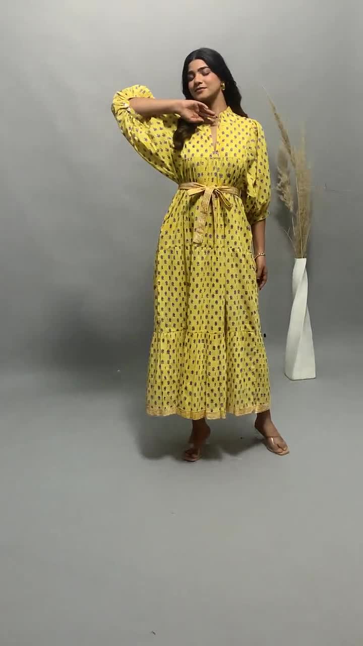 stylish yellow-blue floral pattern printed women's maxi dress - frill  collar with belt cotton long dress