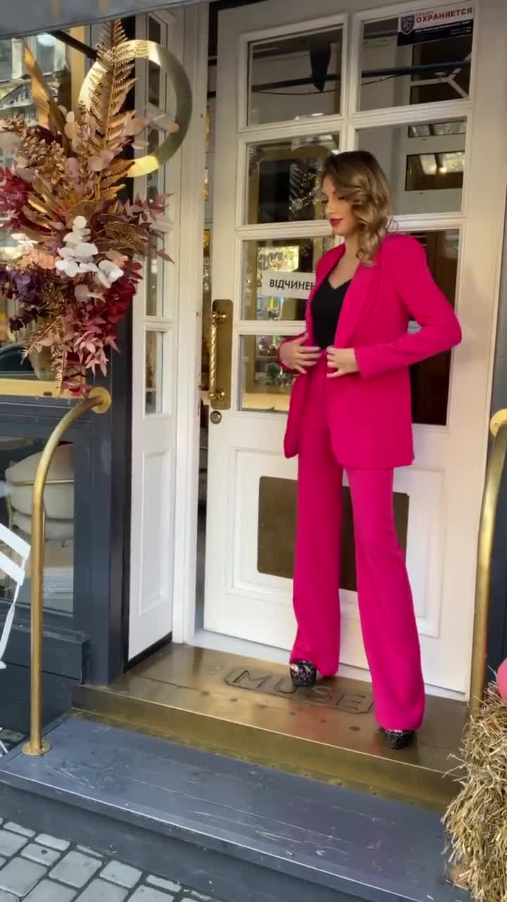 Hot Pink Bell Bottom Pants Suit Set with Blazer, Tall Women Pink