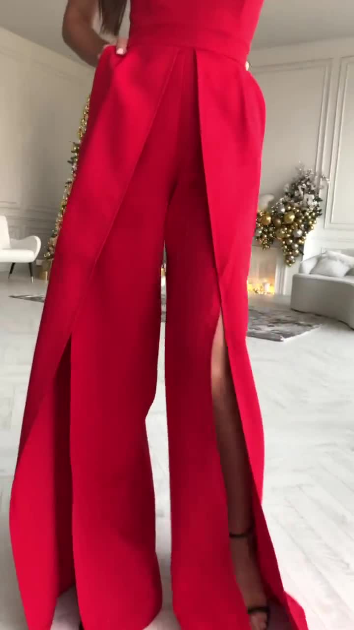  ZZSRJ Mono rojo de verano para mujer, elegante, para oficina,  con botones, estampado de moda, casual, pantalones de pierna ancha (color  rojo, tamaño: grande) : Ropa, Zapatos y Joyería