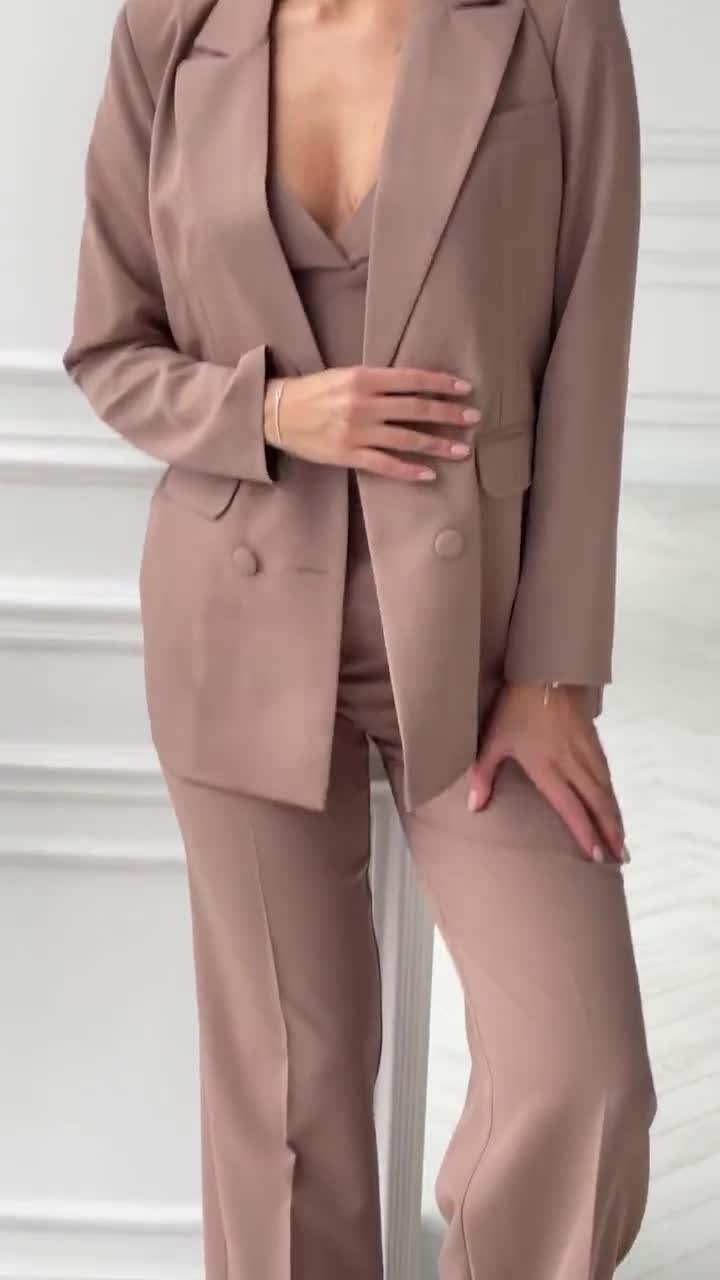Beige Mocco Blazer Trouser Suit for Women, Dark Beige Pantsuit for