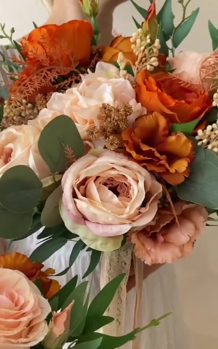 Fall wedding bouquet artificial in silk flowers terracotta orange elegant  boho style for bride and bridesmaid