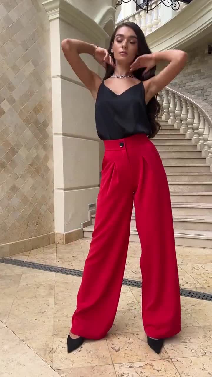 Sexy Dance Women Bottoms Wide Leg Palazzo Pant Paper Bag Waist Pants Loose  Fit Trousers High Waisted Red XL 