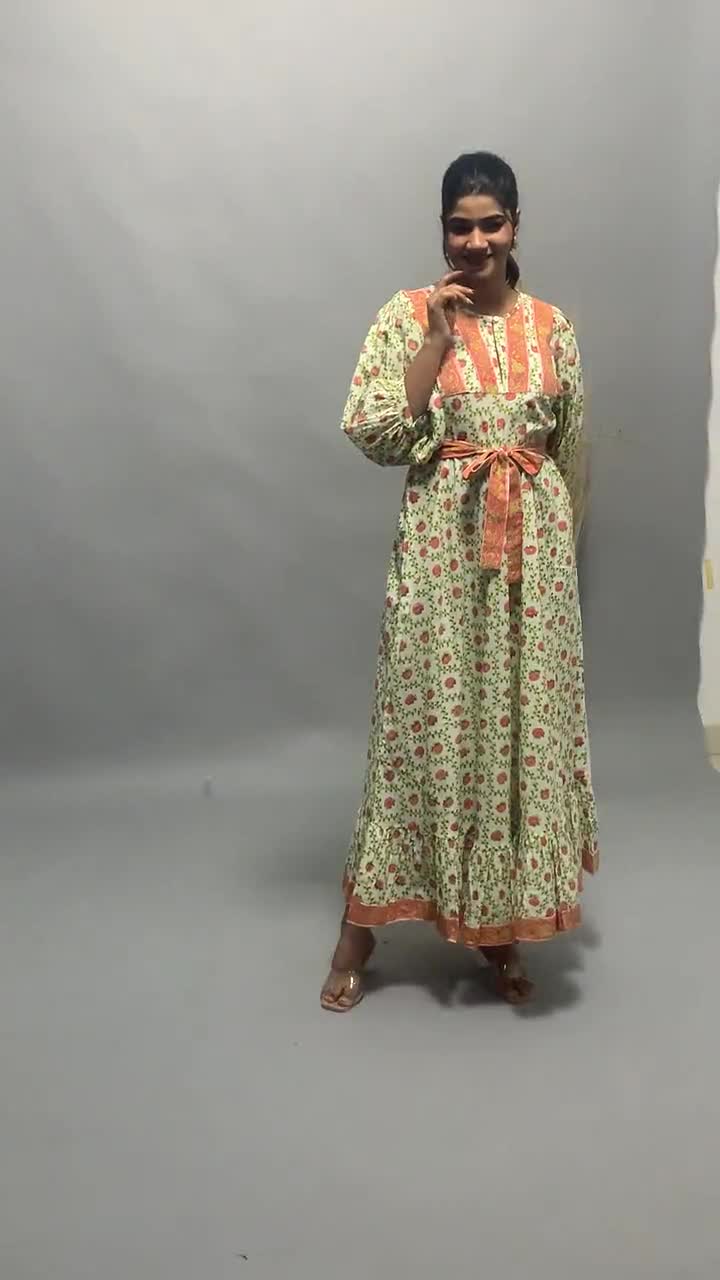cotton mango tango olive hand block printed floral long maxi dress - 3/4  sleeve bohemian dress