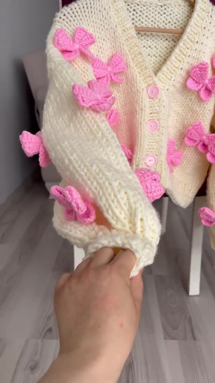 Mysisloops Pink Bows Cardigan, Chunky Cropped Cardigan for
