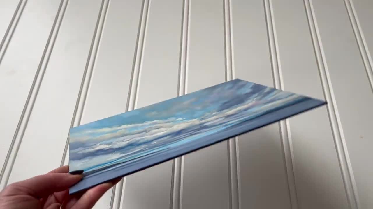 Original Oil Painting, Blue Purple Cloudscape, Lake Landscape Art