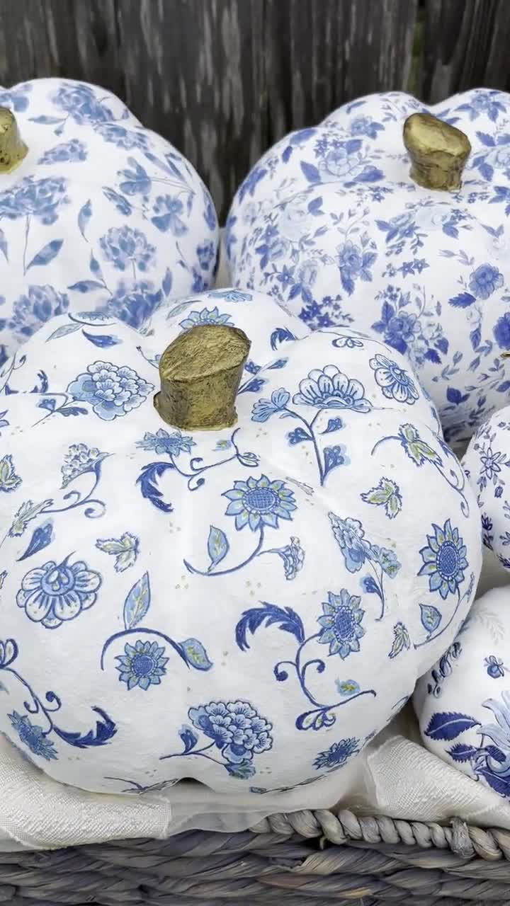 Chinoiserie Pumpkins DIY - Blue and White Pumpkins with Decoupage Napkins -  2 Bees in a Pod