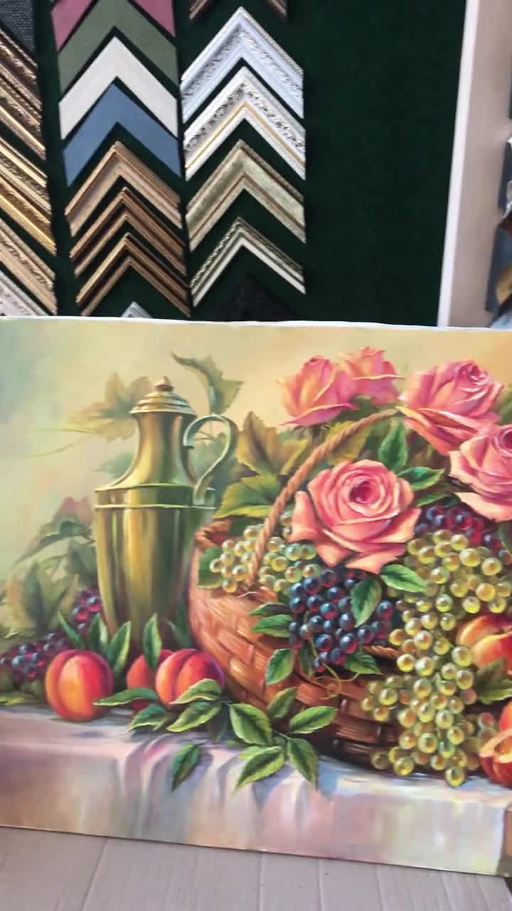 静物画 フルーツバスケット 油絵 キャンバスに描かれた