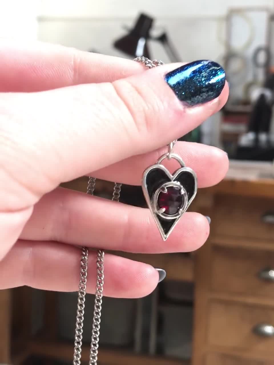 Mens Sterling Silver Black Enamel Garnet Heart Necklace