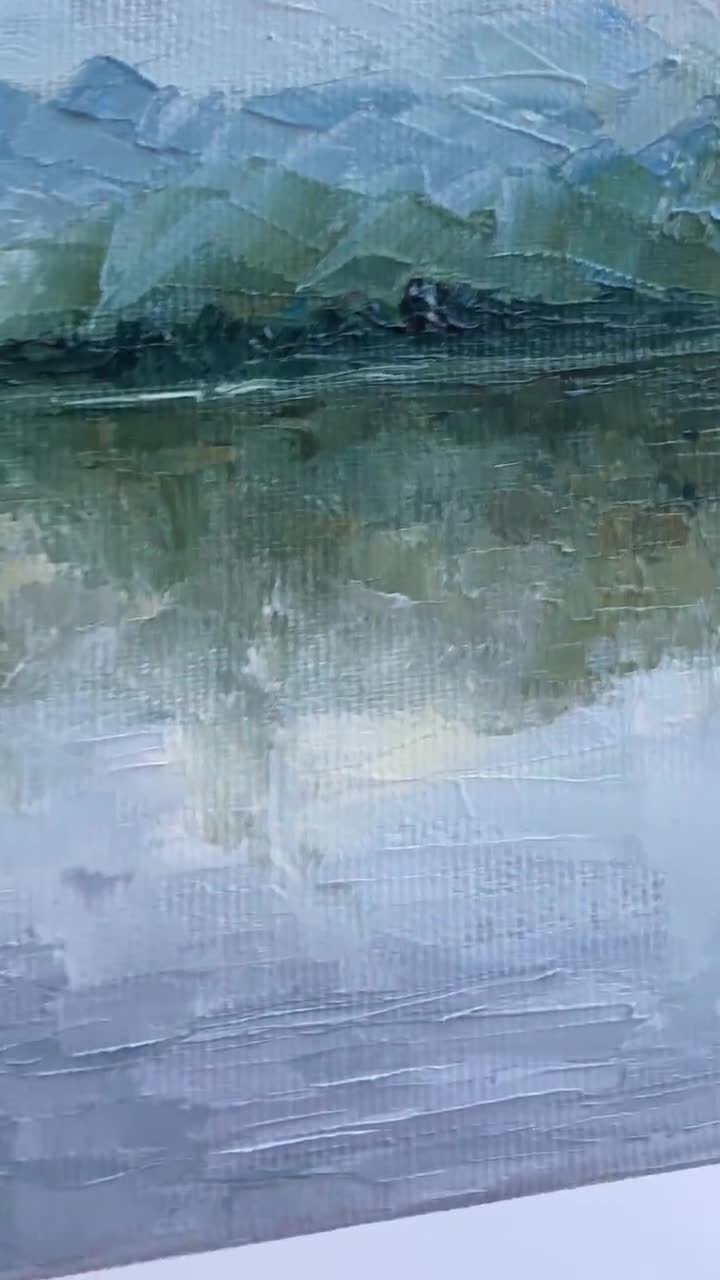 霧の湖の絵画：オリジナルの霧の風景画、厚塗り技法、8x12インチ