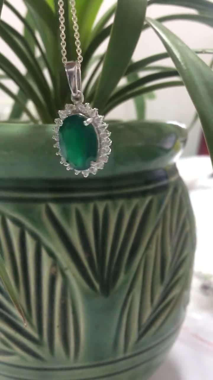 Green Onyx Stone Pendant, Oval Halo Pendant, Green Onyx