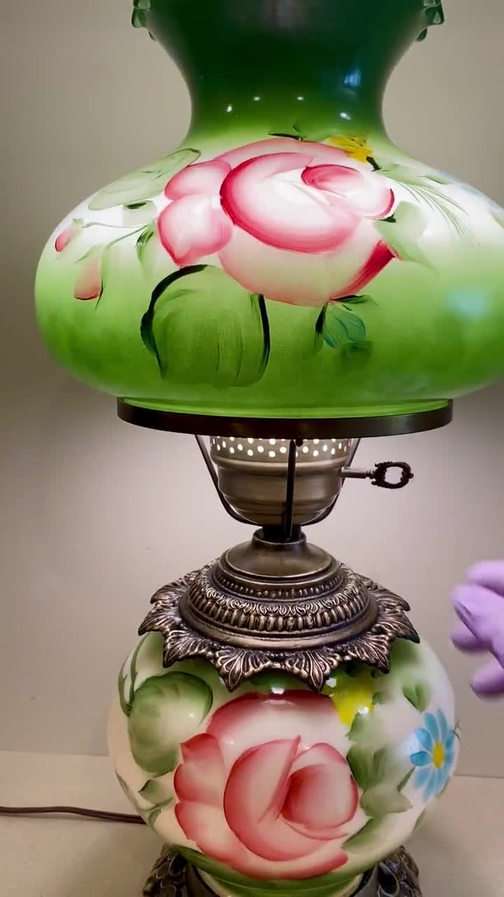 Victorian Hurricane Lamp: Hand-painted Green Floral Milk Glass