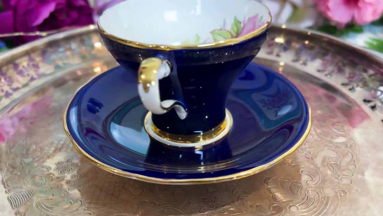 Vintage 1930s Aynsley Cobalt Blue Teacup & Saucer: Pink Cabbage